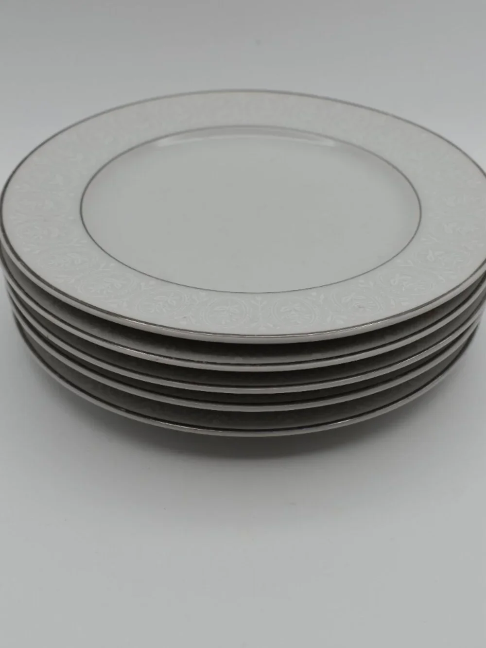 Vintage Stone China Japan 2467 White Embossed Platinum Rim Dinner Plates Set of